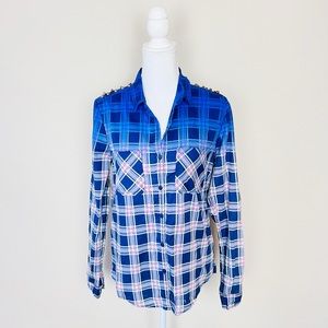 UO Nollie Blue Ombré Plaid Flannel Studded Button Up Long Sleeve Blouse